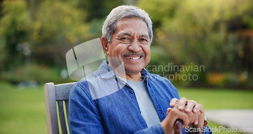 Image of Senior man, portrait or smile by walking stick in nature or sunshine wellness on retirement. Face, happy or elderly pensioner person with a disability in garden, relax or cane for arthritis with gout