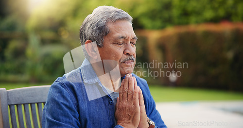 Image of Senior, man or hands praying outdoor for religion, worship and support for jesus christ in garden of home. Elderly, person and prayer for thank you, gratitude and trust in God for praise or salvation