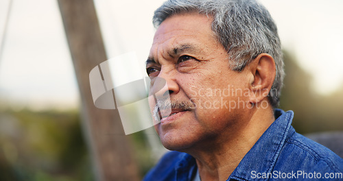 Image of Elderly, man or thinking outdoor for memory, lonely or retirement with alzheimer on bench. Senior, person and nostalgia, thoughtful and peace in nature or park with wonder, depressed or remember life