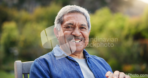 Image of Senior man, portrait and bench with happy for relax wellness, gratitude and confident in nature on retirement. Face, smile and elderly pensioner in mexico garden, calm and leisure outdoor on weekend