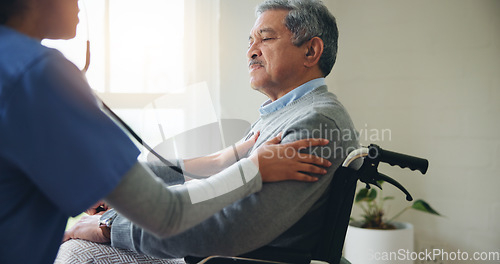 Image of Man, nurse and senior in wheelchair for blood pressure, monitoring or elderly care at old age home. Doctor or medical caregiver for BPM stethoscope of mature patient person with a disability at house