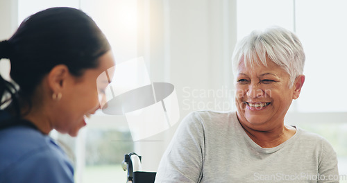 Image of Happy woman, nurse and senior patient laughing in elderly care for funny joke, humor or consultation at old age home. Doctor or medical caregiver smile and laugh with mature person with a disability