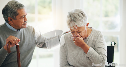 Image of Senior, woman and cough or illness support or husband hug in home for concern, empathy or winter virus. Old person, man and comfort for bacteria infection or flu disease retirement, allergy or sick