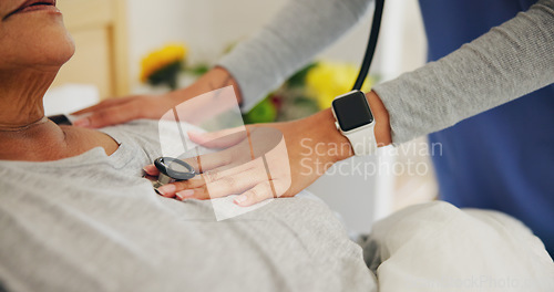 Image of Doctor, hands and checking patient heart beat with stethoscope for healthcare or monitoring at home. Closeup of nurse or medical caregiver listening in cardiology for rate or blood pressure at house