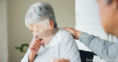 Image of Senior, woman and cough sick support or husband hug in home for concern, empathy or winter virus. Old person, man and comfort for bacteria infection or flu disease retirement or allergy, risk in pain