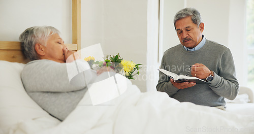 Image of Woman, bed and illness or person prayer for wellbeing on bible or rosary for god hope, belief for help. Mexican couple, sick wife and man book for religion support or faith worship, health or miracle