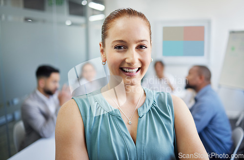 Image of Portrait, business and woman with a smile, meeting or development with consultant, entrepreneur or employee. Face, person or group with administrator, assistant or happiness with agent in a workplace