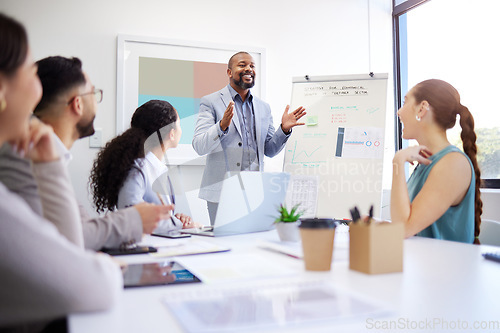 Image of Development, training and presentation with black man in meeting for strategy and progress in startup. Business growth, coach and businessman teaching staff about planning, profit or economy analysis