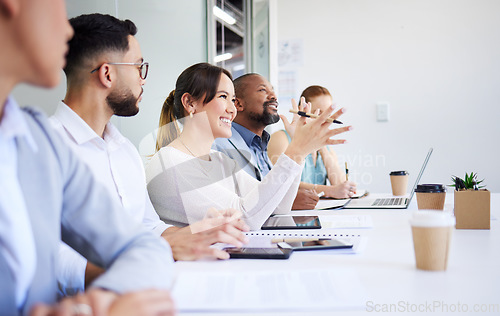 Image of Seminar, professional people and happy woman, audience or board of director explain project report, strategy or sales pitch. Row, trade show and conference crowd smile at group convention meeting