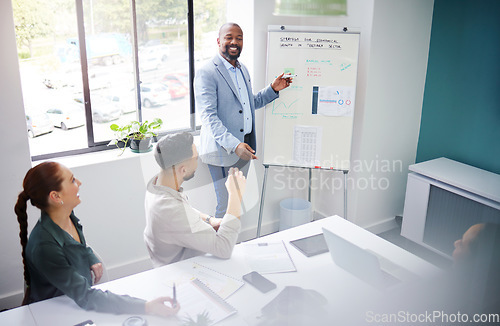 Image of Development, training and black man with presentation in meeting for strategy for progress in startup. Business growth, coach and businessman teaching staff about planning, profit or economy analysis