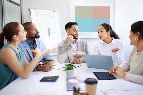 Image of Business people, manager and collaboration in meeting for marketing ideas, planning and startup project on laptop. Professional women, men or employees with questions, teamwork and group proposal