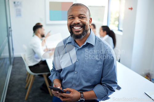 Image of Phone, meeting and portrait of business black man for conversation, collaboration and discussion. Corporate office, teamwork and person with staff on smartphone for internet, research and website