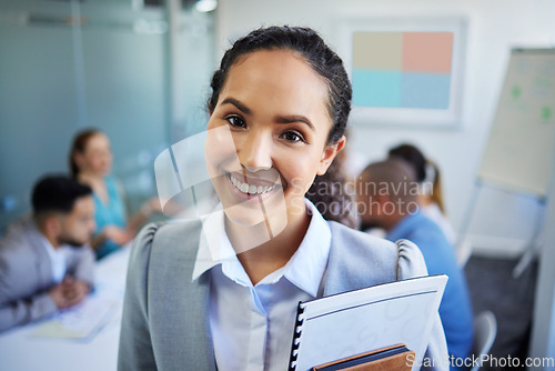 Image of Businesswoman, office and portrait with documents, employees and company staff. Corporate, admin clerk and happy with meeting, professional and worker for management, career and smile with pride