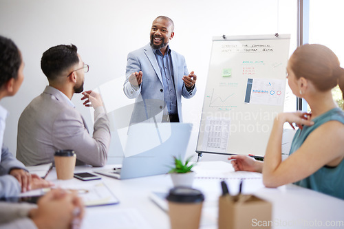 Image of Business growth, training and black man with presentation in meeting for strategy for startup progress. Businessman, coach or teaching staff about planning, profit or economy analysis on whiteboard