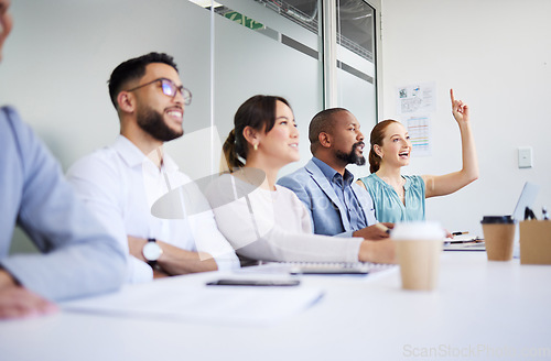 Image of Seminar row, business people and woman question project, financial investment or planning company strategy. Ask, audience answer and employee engagement, discussion or hand raised at staff conference