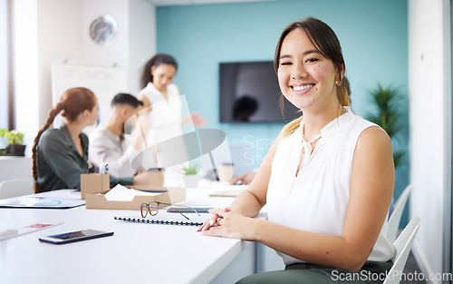 Image of Office, meeting and portrait of business Asian woman for conversation, collaboration and discussion. Corporate, company and face of person with staff for teamwork, planning and project feedback