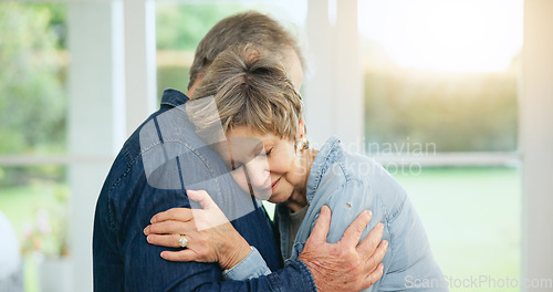 Image of Senior couple, hug or happy for love with care, loyalty or commitment in retirement in family home. Mature man, woman or marriage gratitude in bonding together in trust, relax wellness or apartment