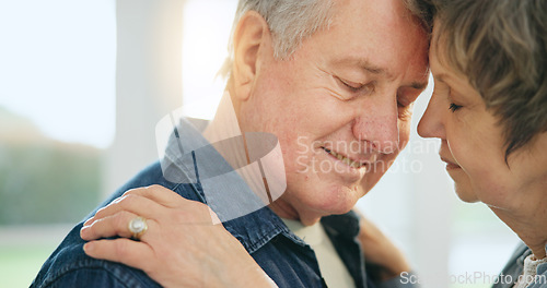 Image of Love, mature couple and forehead touch, affection and slow dancing wife, husband or marriage partner support. Romantic wellness, retirement and face of relax man, woman and people hugging together