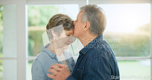 Image of Love, forehead kiss and mature couple affection, holding hands and bonding together on home spouse date. Romantic wellness, Canada and relax old man, woman or marriage people with relationship care