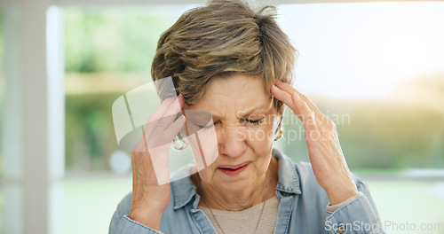 Image of Stress, headache or old woman in home with burnout, worry or fatigue in retirement frustrated by debt. Exhausted person, anxiety or tired elderly lady with problem, crisis or head pain with migraine