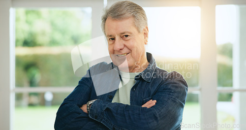 Image of Senior man, portrait and arms crossed in home for confident, pride in retirement with wellness. Mature person, happy and face of gratitude for trust, positive and satisfaction for relax in apartment