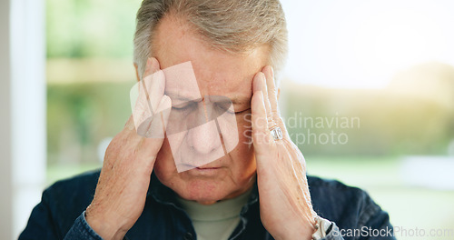 Image of Stress, headache or old man in home with burnout, worry or fatigue in retirement frustrated by debt. Depression anxiety, face or tired elderly person with problem, crisis or head pain with migraine