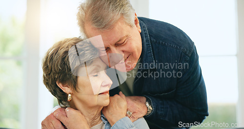 Image of Love, home and mature couple hug, affection and husband care for wife, partner or marriage people support, security or trust. Romantic wellness, apartment and relax man, woman and embrace for empathy