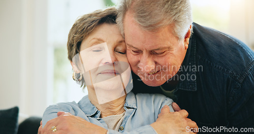 Image of Face, home and mature couple hug, retirement affection and husband embrace wife, spouse or relax marriage partner. Romance, love and sweet elderly man, senior woman or old people hugging in Australia