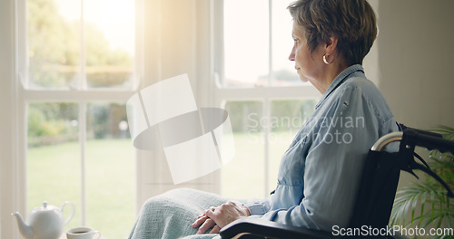 Image of Wheelchair, senior woman or thinking of memory by window in nursing home or retirement with depression. Grief nostalgia, sad history or lonely mature person in living room to remember past loss