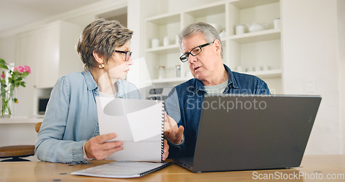 Image of Senior couple, bills and stress on laptop for home debt, financial fail or budget risk with questions or planning on laptop. Elderly woman and man with documents for loan and inflation or bankruptcy