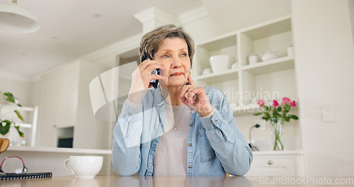 Image of Home, phone call and senior woman with conversation, network and thinking with discussion. Apartment, elderly person and pensioner with a smartphone, relax and communication with digital app and idea