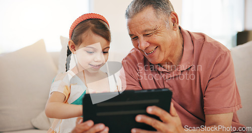 Image of Home, grandfather and girl with tablet, internet and relax with social media, technology and digital app. Apartment, old man and pensioner with grandchild, happiness and online games with fun