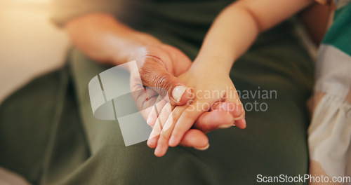 Image of Child, old woman and holding hands closeup for safety care or together bonding, protection or relax. Young kid, grandparent and fingers or family connection in retirement, embrace for development