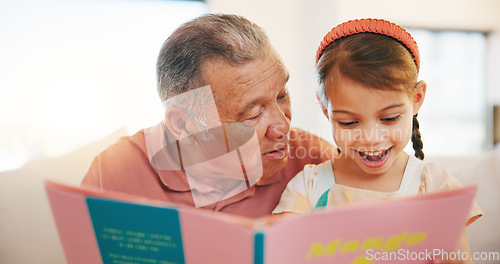 Image of Happy grandfather, child and reading book on sofa for literature, education or bonding together at home. Grandparent with little girl smile for story, learning or relax on living room couch at house