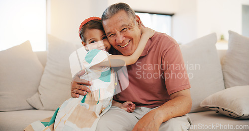 Image of Home, portrait and hug with grandfather, girl and happiness with weekend break, relax and bonding together. Old man, senior person and child with joy, embrace and support with love, care and kid