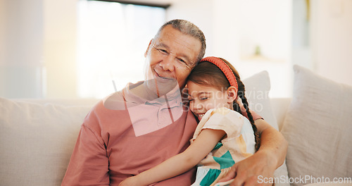 Image of Apartment, portrait and hug with grandfather, girl and happiness with weekend break, relax and bonding together. Old man, senior person and child with joy, embrace and support with love, home and kid