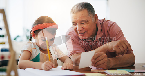 Image of Child, senior man and education or writing, book and learning at home, drawing and support or paper. Girl, grandfather and notebook or tutoring, assessment and smile for language or math homework