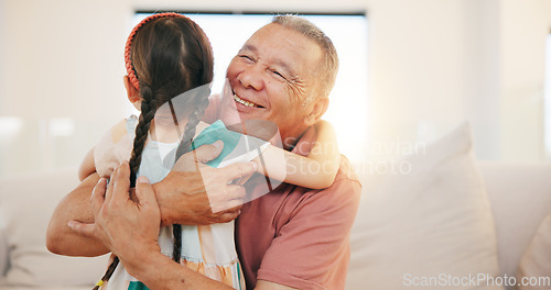 Image of Grandfather, child and hug on sofa in living room for love, care or bond with lens flare. Elderly man, happiness and smile for little girl for moment, memories and support while babysitting at home