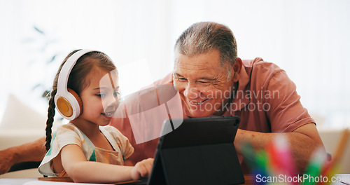 Image of Tablet, senior man and child, education and elearning at home, remote and home schooling on technology. Grandfather, girl and app or website, search and streaming or fun, play and internet or happy