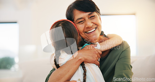 Image of Child, grandmother and hug for happy smile bonding, relax connection in retirement. Young girl, old woman and embrace for holiday rest or together in lounge for funny joke, love trust or care safety