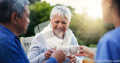 Image of Nurse, tea or toast people in elderly care, retirement or healthcare support at park or nature. Caregiver, senior man or old woman with coffee, meal or outdoor snack together in health and wellness