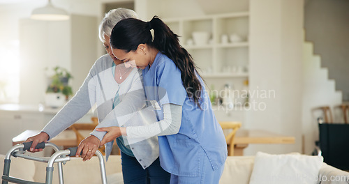 Image of Senior woman, person with disability and walking frame for support, nurse and handholding. Healthcare, elderly for medical care, patient rehabilitation and physiotherapy for injury and recovery