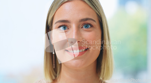 Image of Happy, portrait and woman in office with human resources, onboarding or welcome in blurred background. Hr, smile and we are hiring with professional recruitment manager in workplace or company