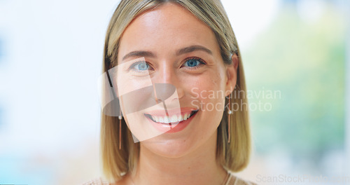 Image of Happy, woman and portrait in office with human resources, onboarding or welcome in blurred background. Hr, smile and we are hiring with professional recruitment manager in workplace or company