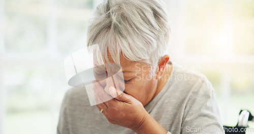 Image of Senior, woman and mouth hand for cough sick or winter virus, bacteria infection or flu disease. Old person, anxiety or fear illness for wellness of asthma risk or tuberculosis, cancer on wheelchair