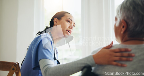 Image of Woman, nurse and senior in wheelchair for support, elderly care or trust at old age home. Medical doctor or caregiver listening to person with a disability or consulting for health advice or help