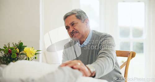 Image of Woman, hospice and hand holding with sickness, husband and health issue with partner, sick or hand holding for support. Care, conversation and love for marriage, nursing home and embrace with empathy