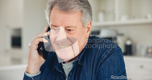 Image of Home, phone call and senior man with conversation, communication and thinking with discussion. Apartment, elderly person and pensioner with a cellphone, relax and network with digital app and smile