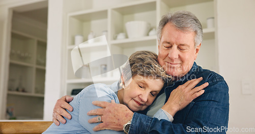 Image of Love, bond and mature couple hug, affection or cuddle together for romance, relax retirement or home break. Soulmate, eyes closed and elderly old man, senior woman or marriage people rest in Portugal