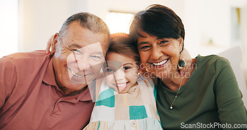 Image of Grandparents, grandchild and smile in family portrait, love and picture for memory, hug and bonding. Happy mexican people, care and relax on couch, generations and connection at home, joy and embrace